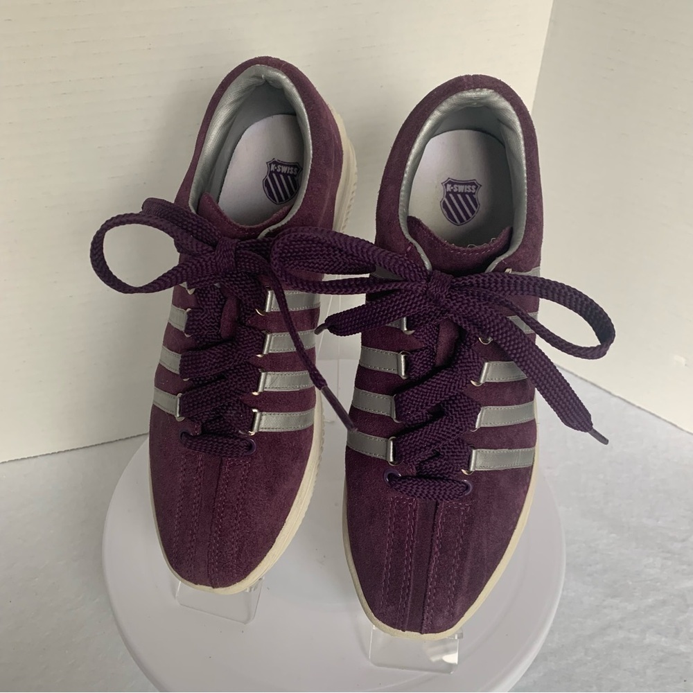 K-Swiss Sneakers Tennis Runners Suede Leather Silver 5 Stripe & Purple Size 7 - Picture 9 of 13